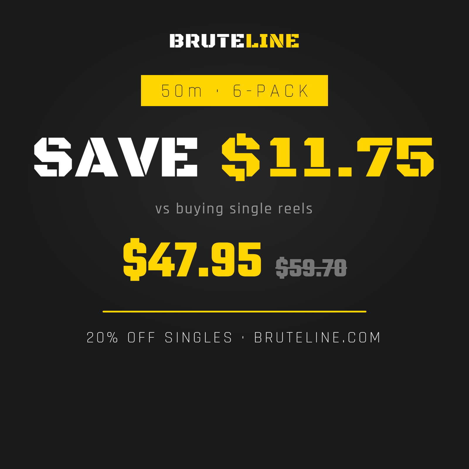 BruteLine 80 50m 6-pack: save $11.75 vs buying single reels, 20% off