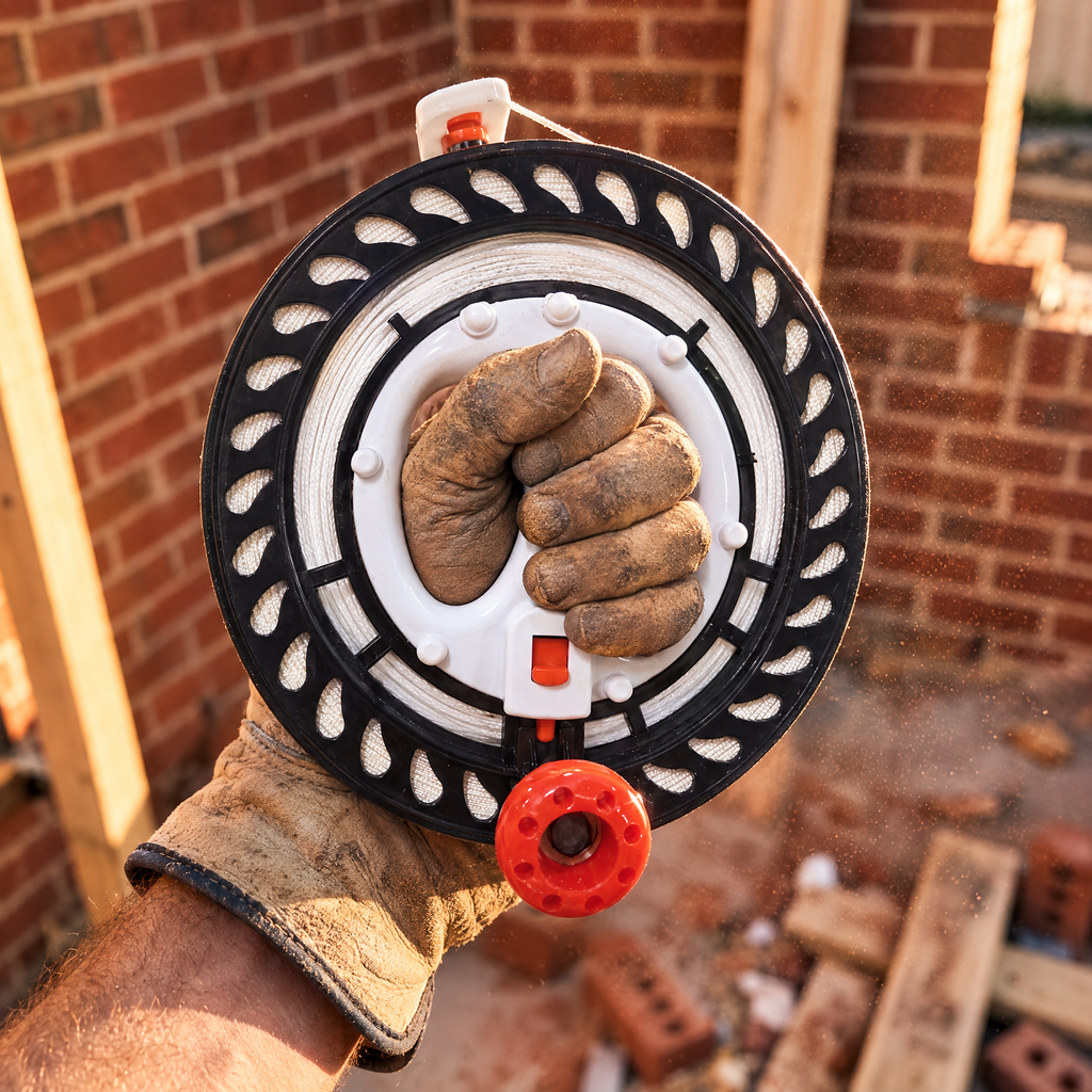 BruteLine 150m fully spooled winder held by the grip handle in a bricklayer's work glove on site