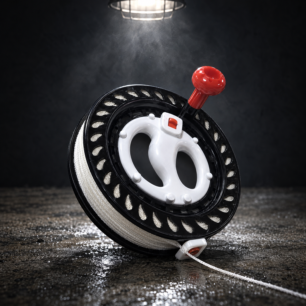 BruteLine 150m fully spooled winder on its side, showing the white braided line, the line guide and the red winding knob
