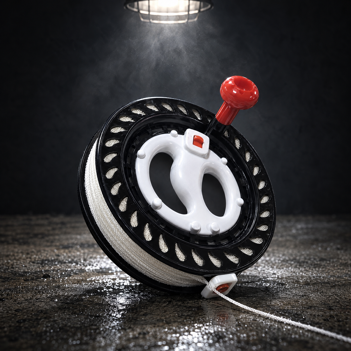 BruteLine 150m fully spooled winder on its side, showing the white braided line, the line guide and the red winding knob