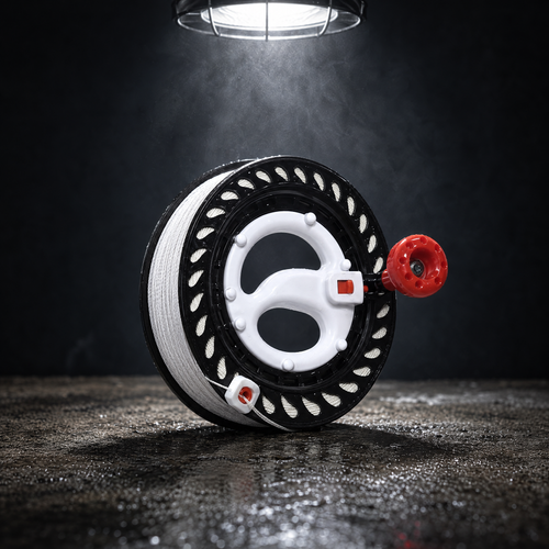 BruteLine 80 fully spooled stringline winder with 150m of white braided line: black spool, white grip handle and red winding knob, studio shot