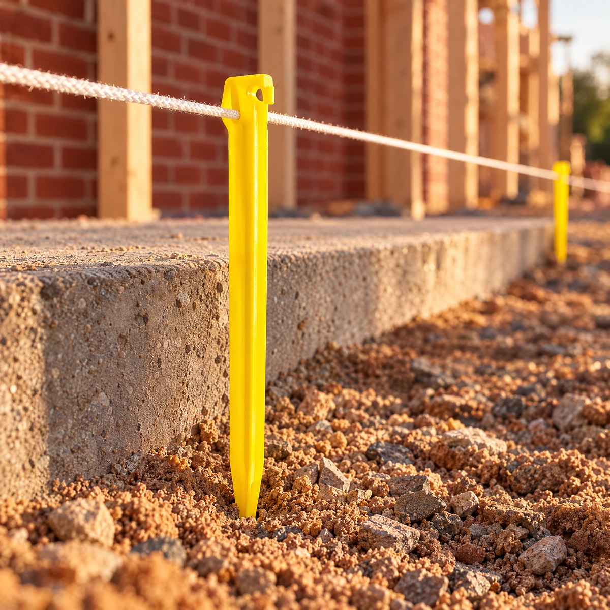 Yellow BruteLine ground peg driven in beside a footing with white braided stringline hooked on and pulled tight