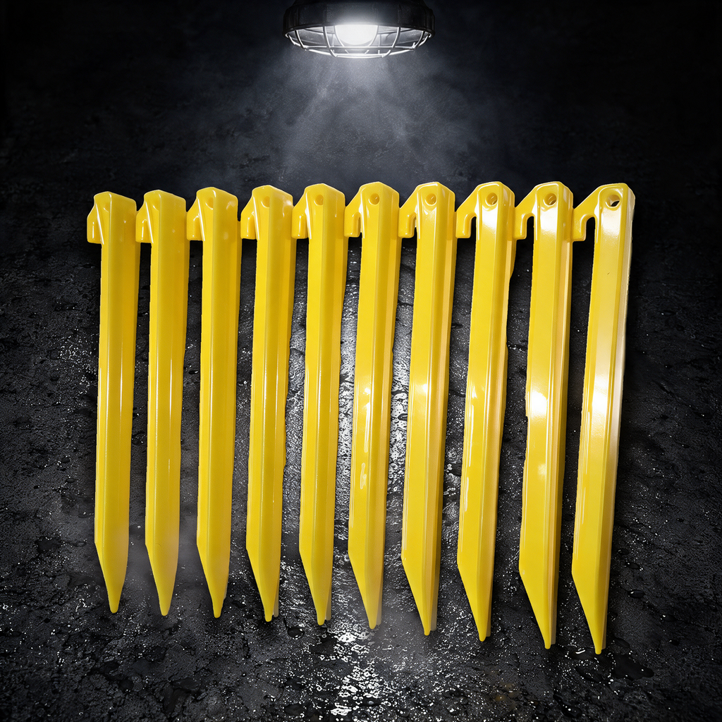 Ten yellow BruteLine 300mm ground pegs lying flat in a straight row on wet concrete under a work lamp, each with a line hook and tie-off hole
