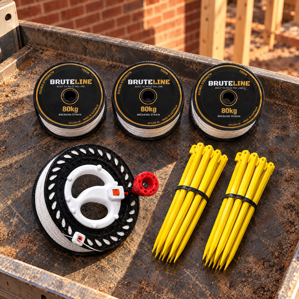 BruteLine Setout Kit on a ute tray on site: three 100m reels, two packs of ground pegs and the fully spooled winder