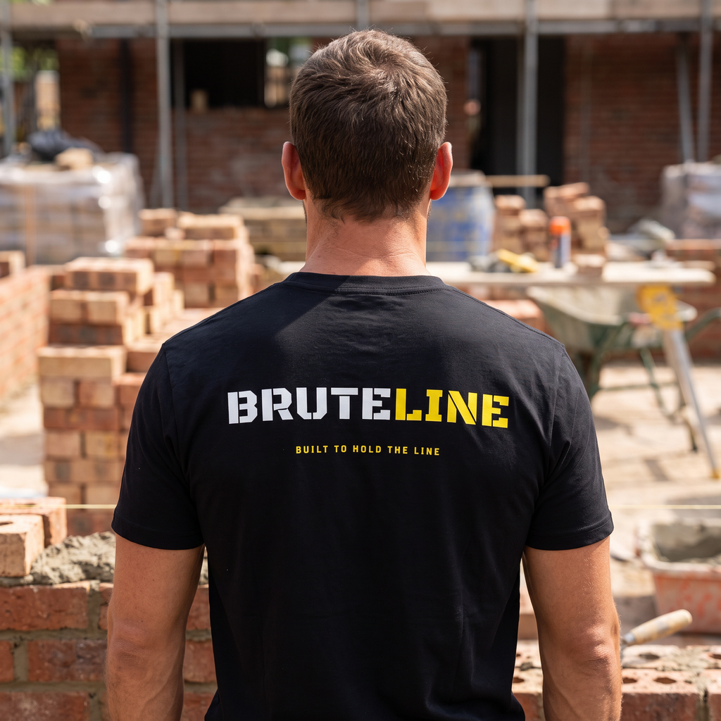 Bricklayer on site wearing the black BruteLine t-shirt, showing the BRUTELINE print and BUILT TO HOLD THE LINE across the back
