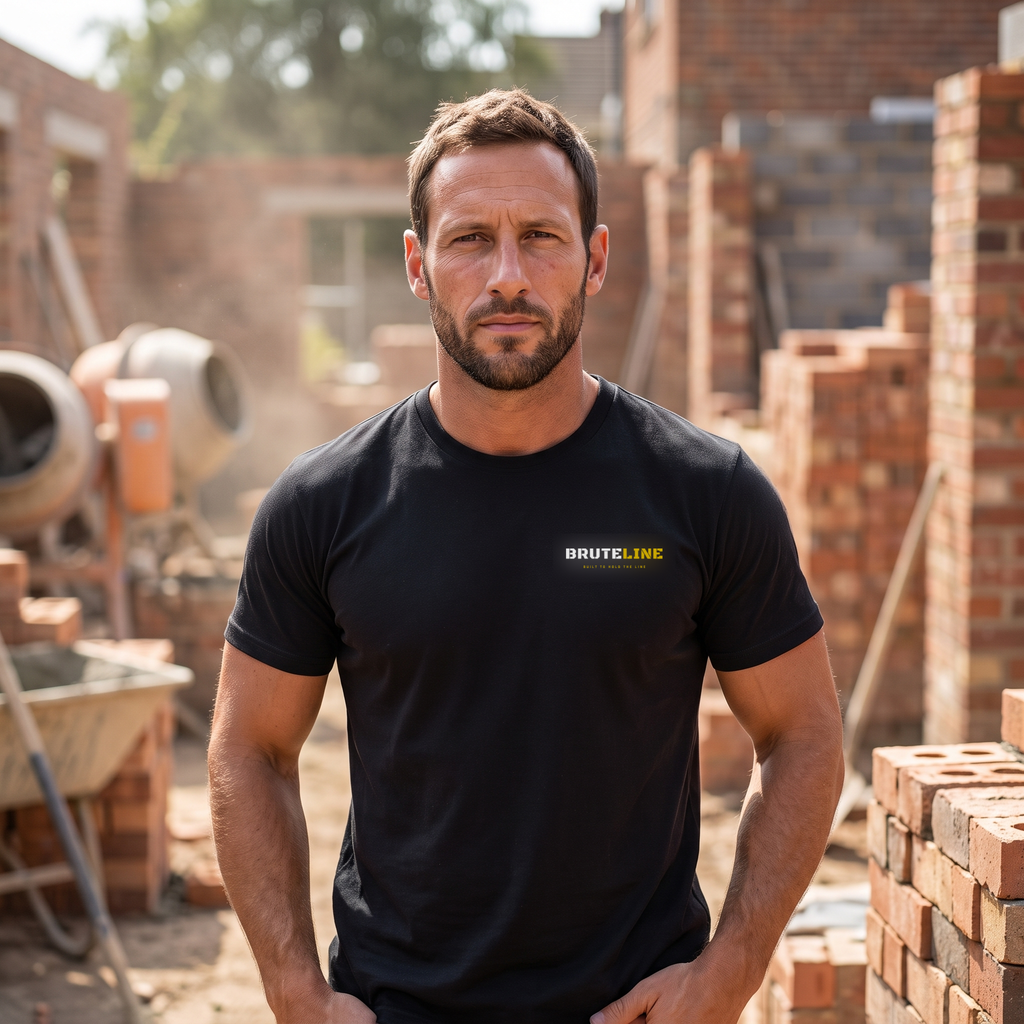 Bricklayer wearing the black BruteLine t-shirt on site, small BruteLine logo on the left chest