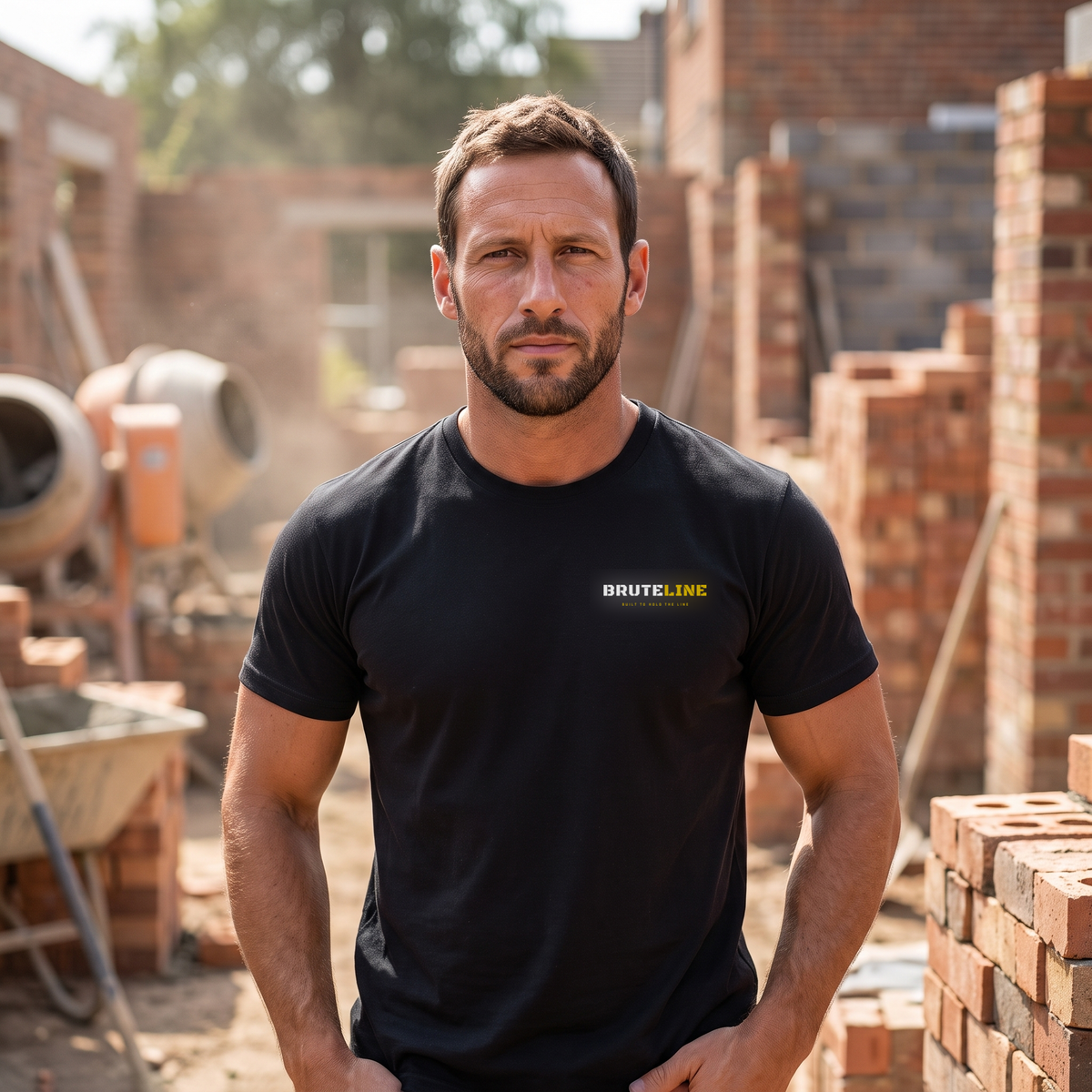 Bricklayer wearing the black BruteLine t-shirt on site, small BruteLine logo on the left chest