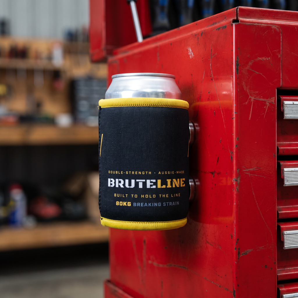 BruteLine stubbie cooler held on the side of a steel workshop toolbox by its magnets, holding a can clear of the ground
