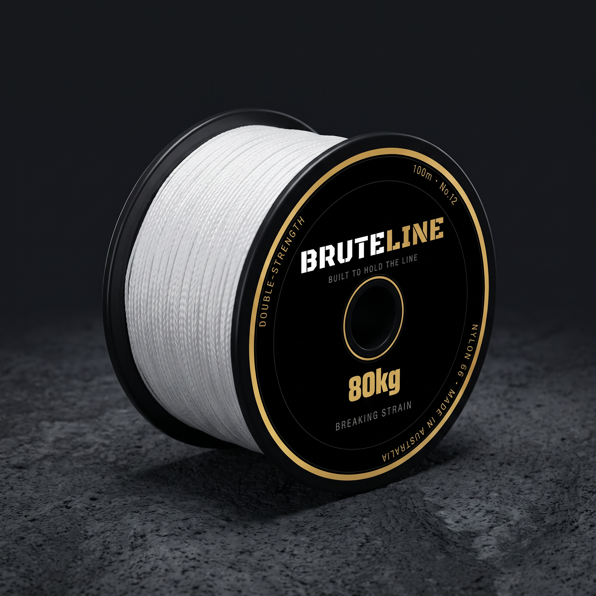 BruteLine 80 100m reel angle view showing white braided Nylon 66 stringline