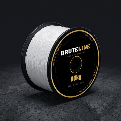 BruteLine 80 100m reel angle view showing white braided Nylon 66 stringline