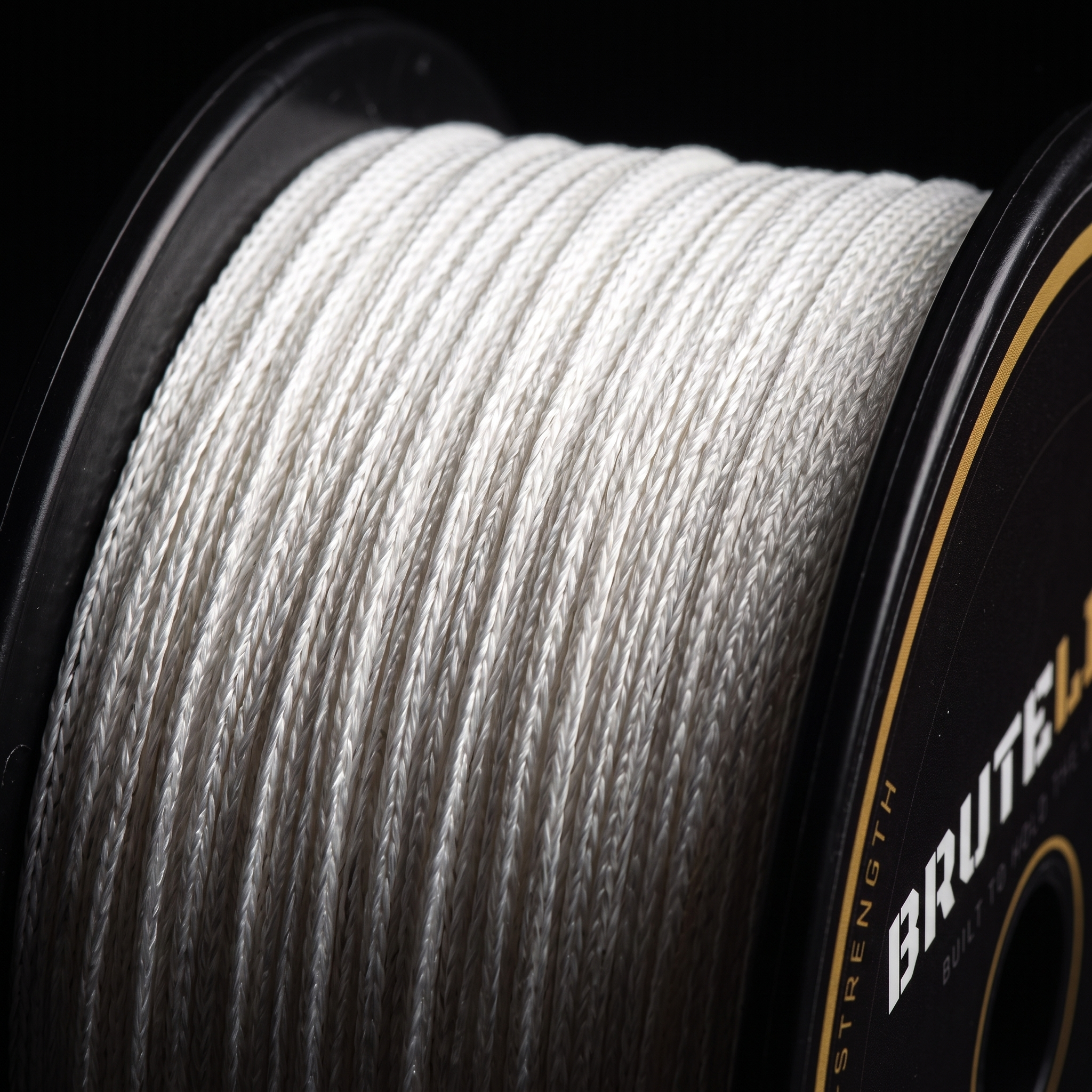 Close-up of BruteLine 80 white braided Nylon 66 stringline on the reel