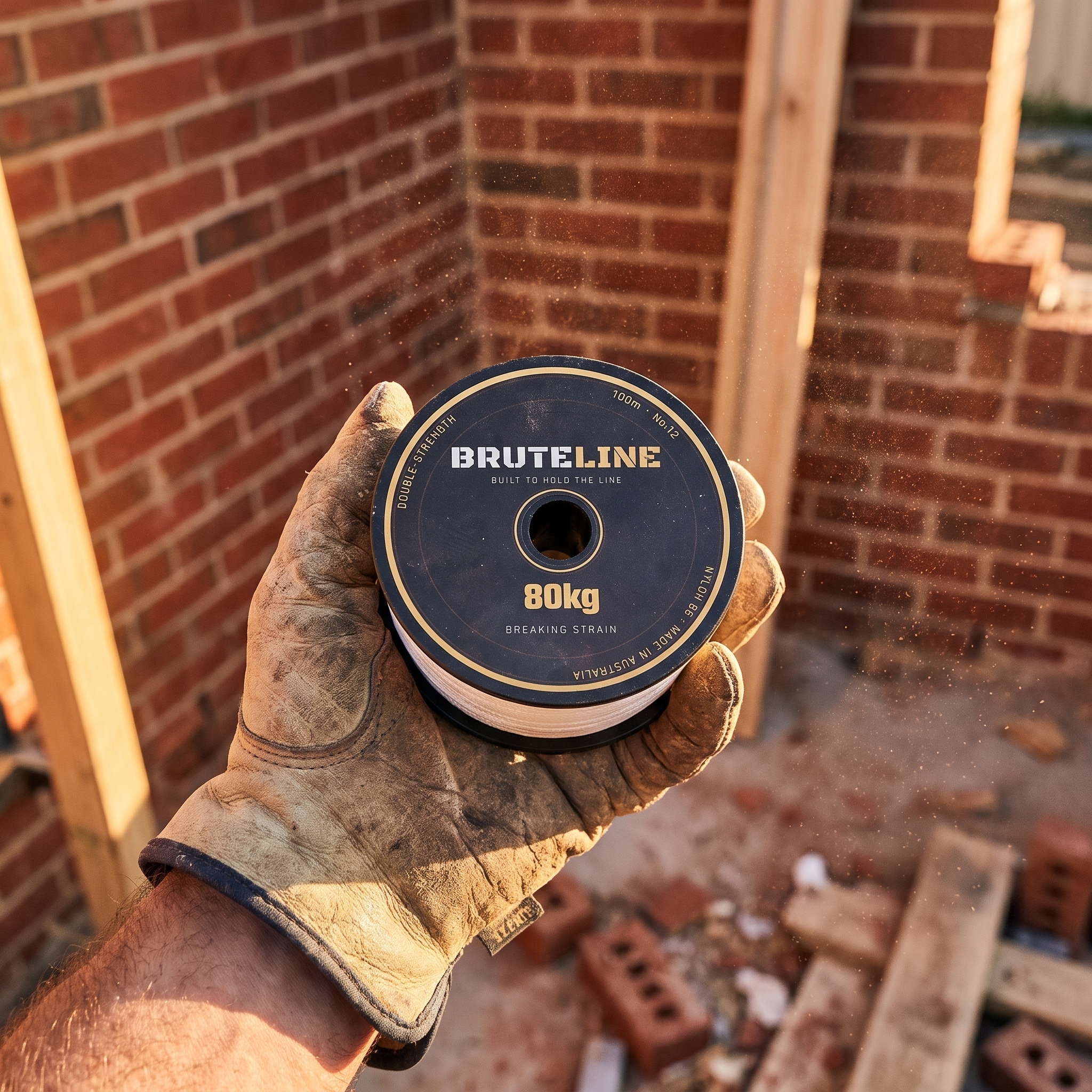 BruteLine 80 100m stringline reel held in a bricklayer's gloved hand on site