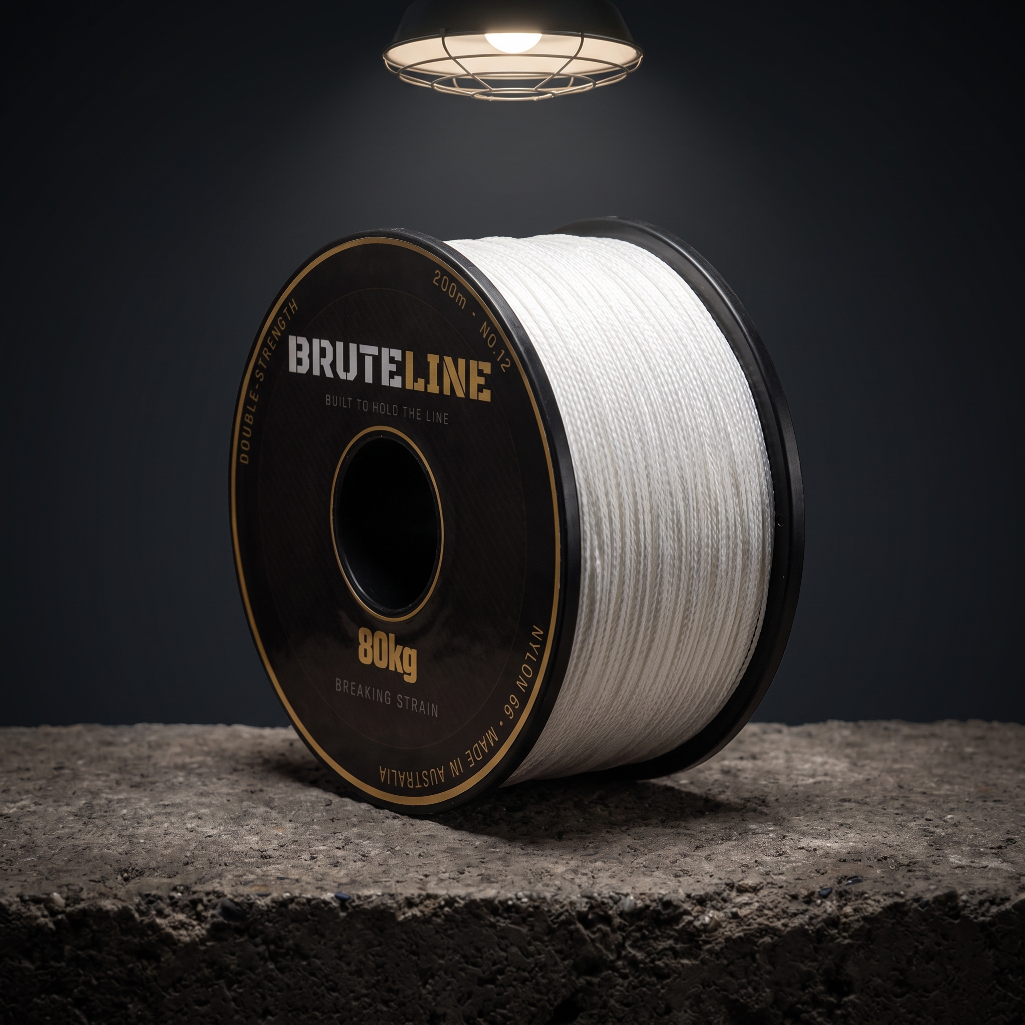 BruteLine 80 200m reel angle view showing white braided Nylon 66 stringline
