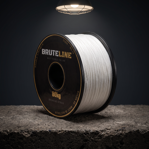 BruteLine 80 200m reel angle view showing white braided Nylon 66 stringline