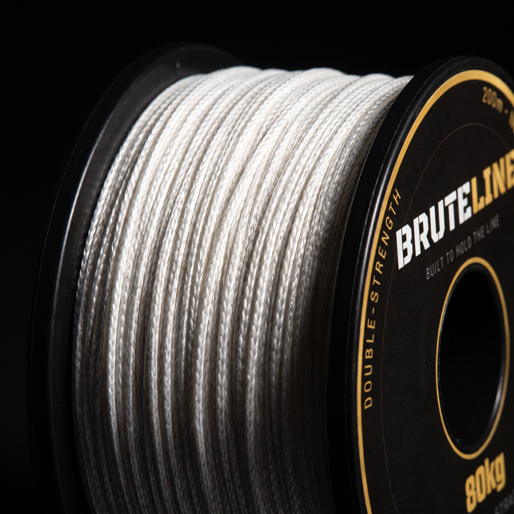Close-up of BruteLine 80 white braided Nylon 66 stringline on the reel