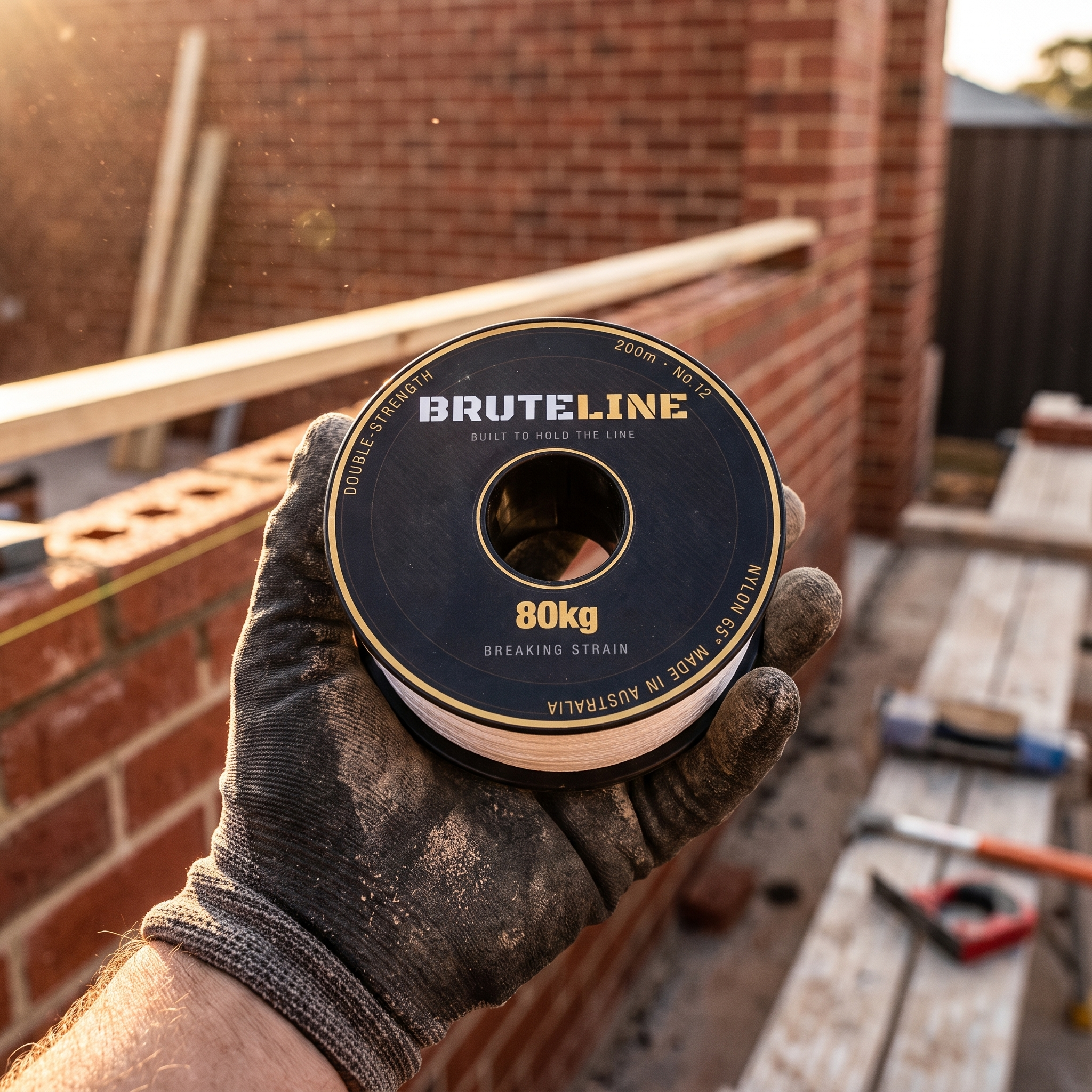 BruteLine 80 200m stringline reel held in a bricklayer's gloved hand on site