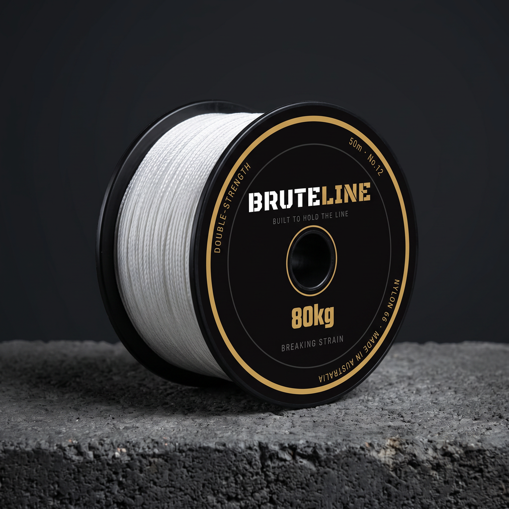 BruteLine 80 50m reel angle view showing white braided Nylon 66 stringline