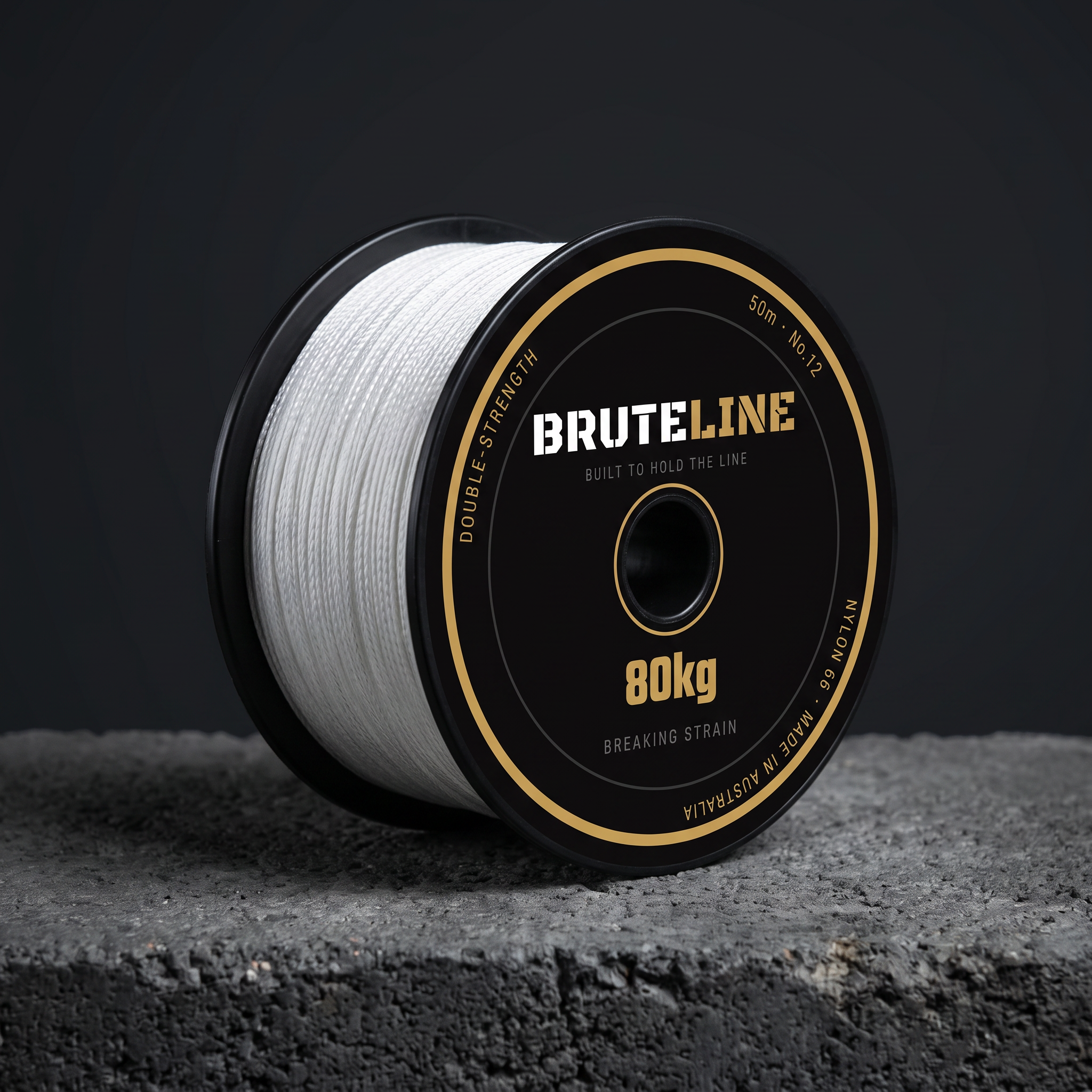 BruteLine 80 50m reel angle view showing white braided Nylon 66 stringline