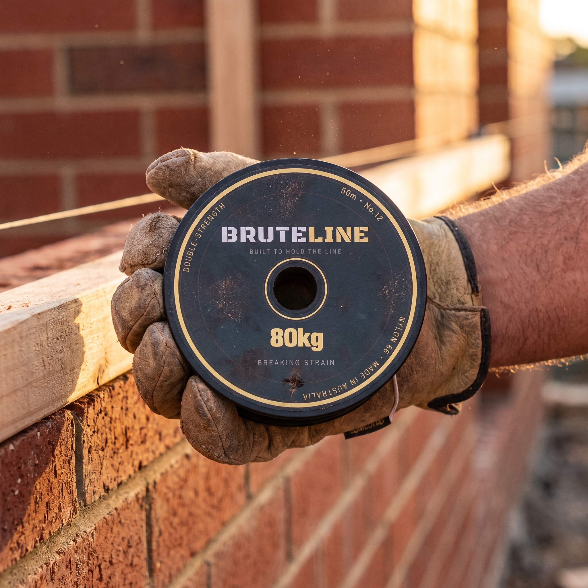 BruteLine 80 50m stringline reel held in a bricklayer's gloved hand on site